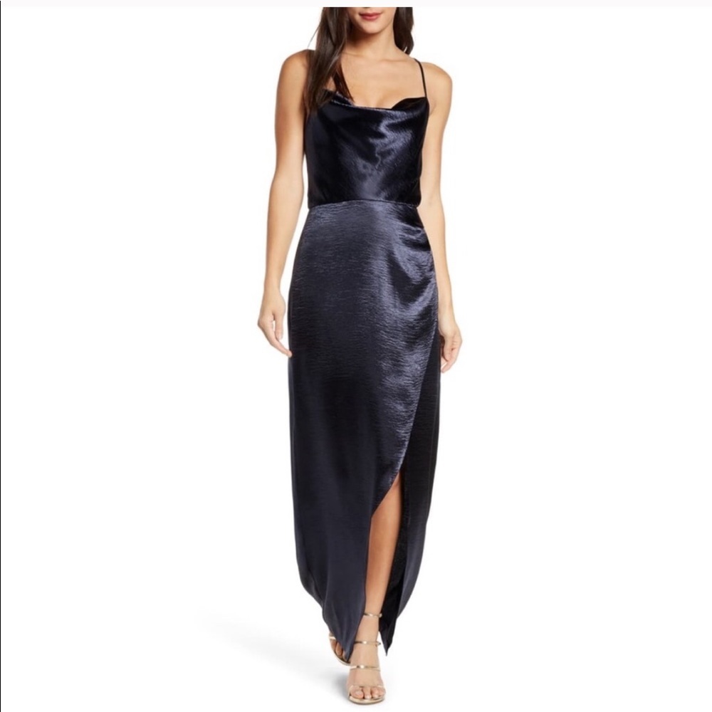 Satin Cowl Neck Navy Slip Dress